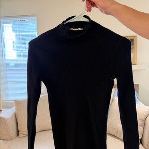 Black Mock Neck Women’s Sweater with Lettuce Edge